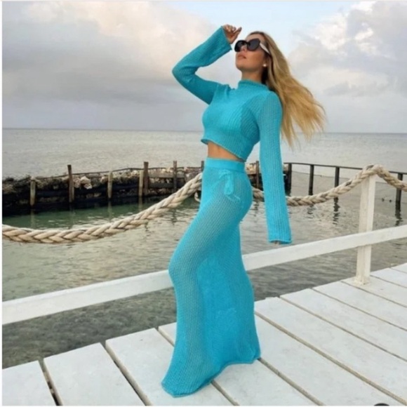 Zara Blue Pointelle Knit Sweater And Skirt Set BLOGGERS favorite! Size M EUC - Picture 9 of 16